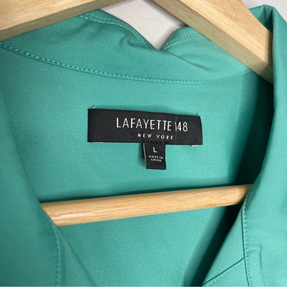 Ladies Lafayette 148 New York teal green blue button up down top size large - Picture 3 of 6